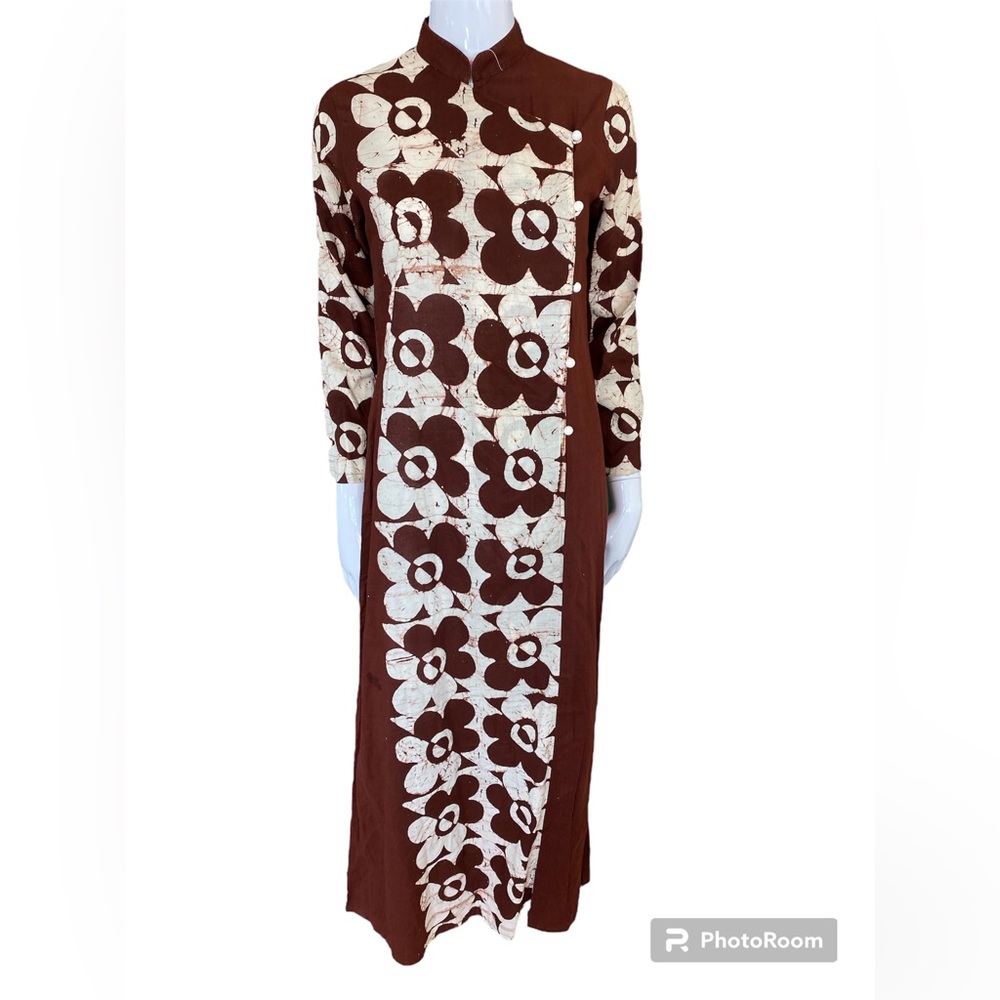 Small HT Batik Shop BATIK Boho Groovy Hippie Flower Print Long SLEEVE CHEONGSAM
